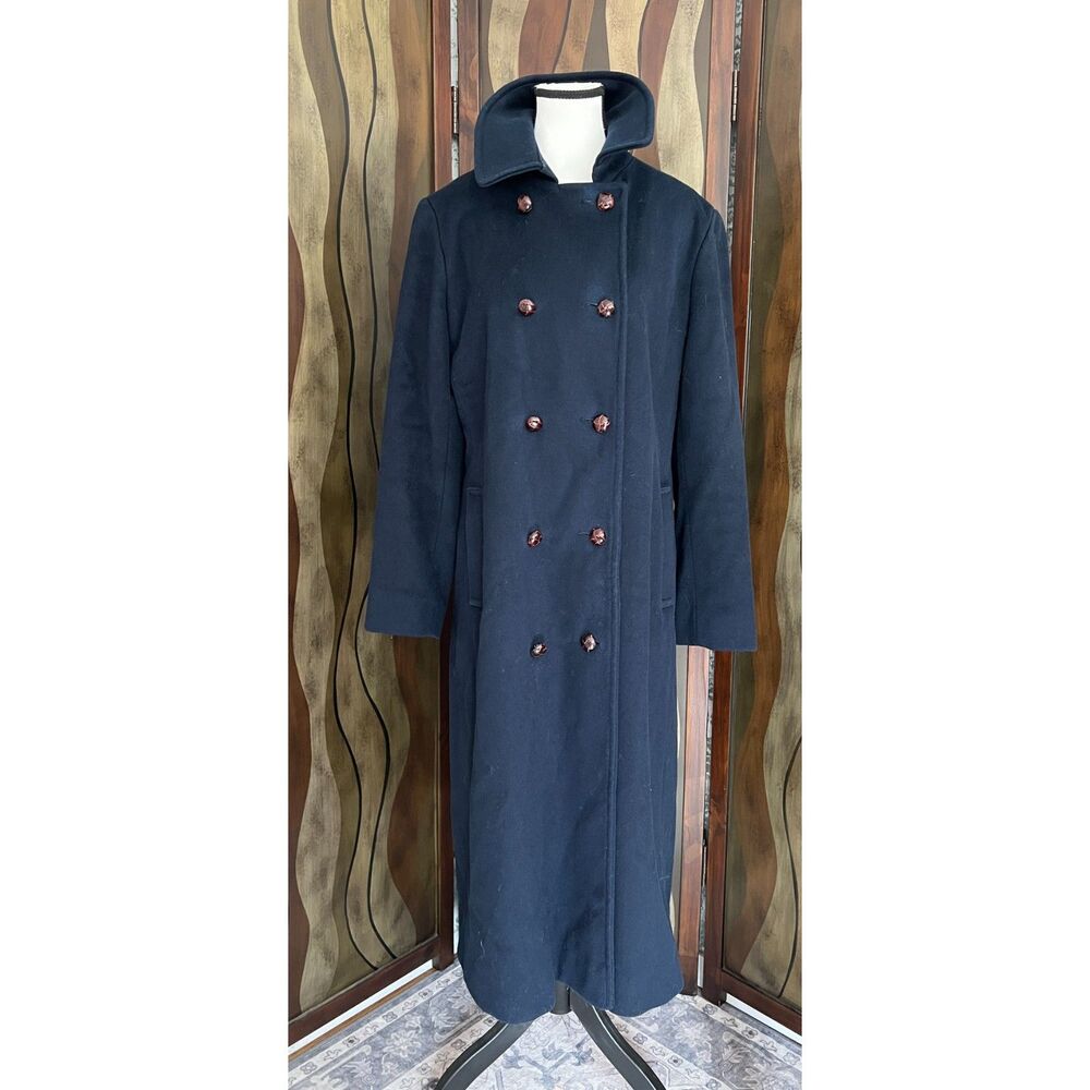 Vintage Eddie Bauer full-length double breasted blue wool coat. Size L.